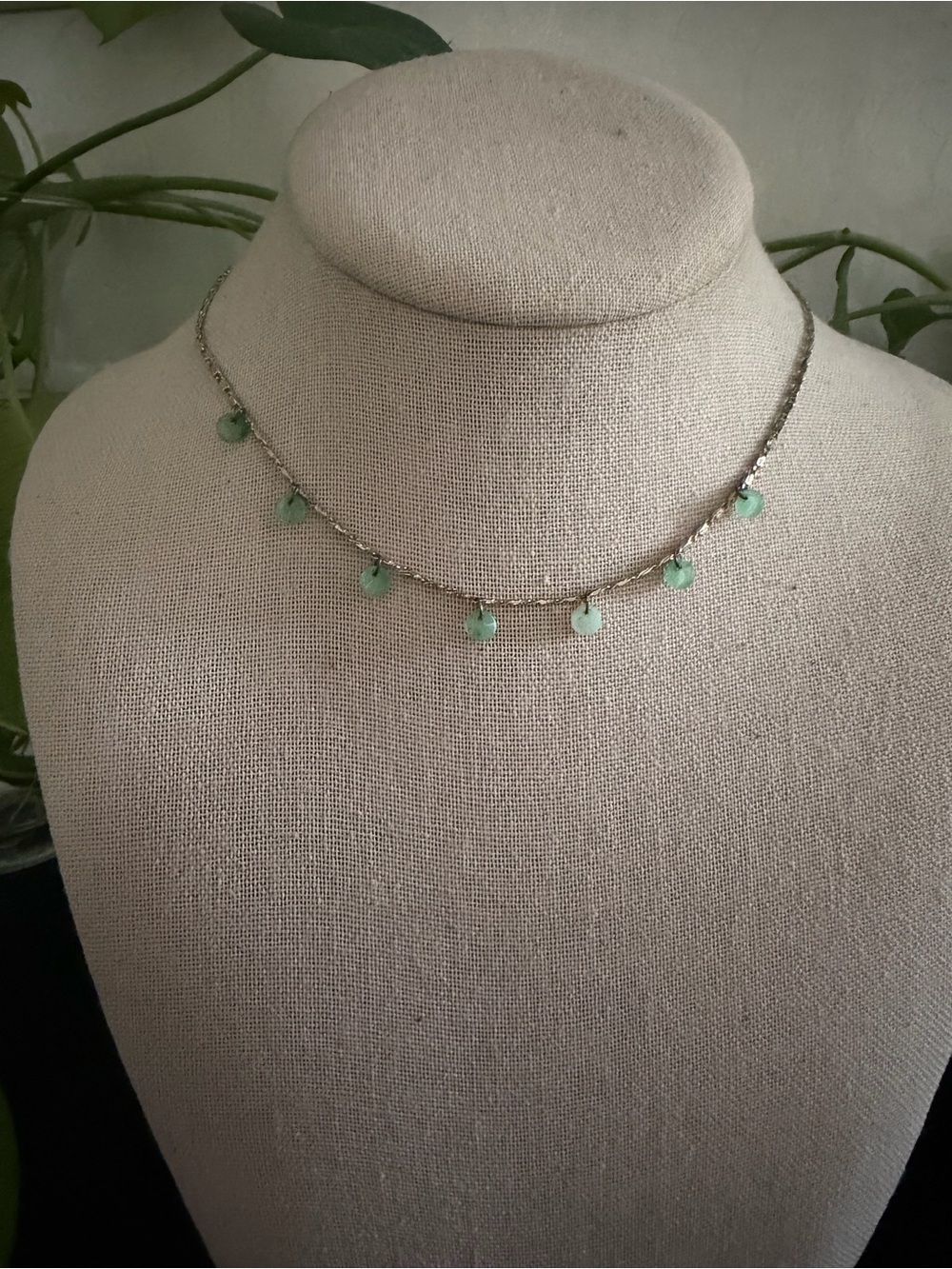 Vintage Dainty Genuine Green Jade & Gold Plated Bead Charm Necklace
